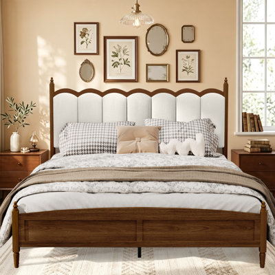 Ama Maker King Size French Vintage Wood Platform Bed with Upholstered Scalloped Headboard, Brown