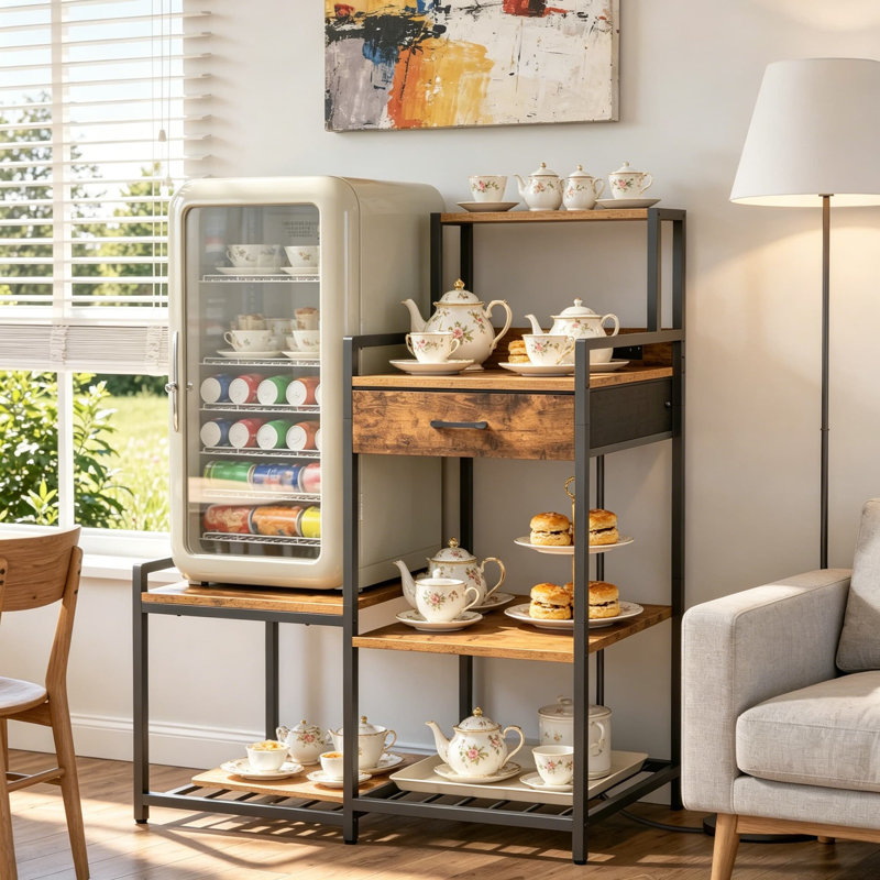 Mini support de réfrigérateur avec prise de courant, support de boulanger avec tablettes de rangement, station de café avec support à vin, support de micro-ondes pour la cuisine, brun rustique et noir