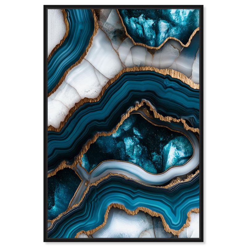 Art mural bleu sarcelle Tectonic III , H 31 po x l 21 po, Cadre flottant noir