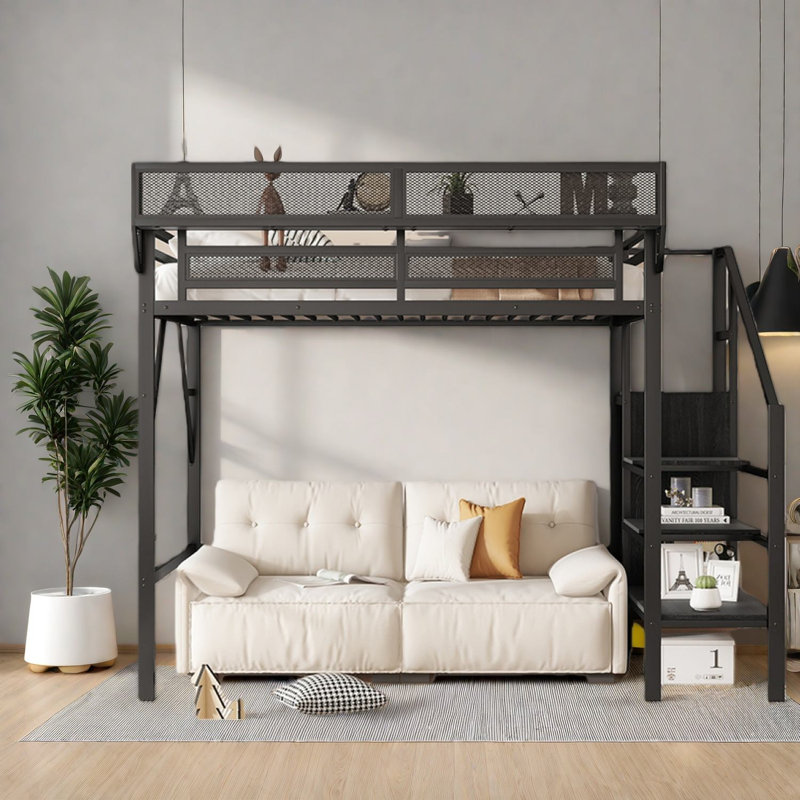 Lit mezzanine simple avec escalier, lit mezzanine double en métal avec tablettes de rangement