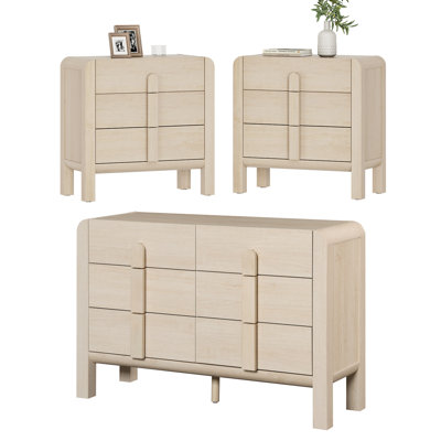 3 Pcs Bedroom Set，6 Drawer Dresser And Nightstand Sets For Bedroom, Double Dresser With Curved Profile Design, Wood Chest Of Drawers Mid Century Storage Cabinet Set
