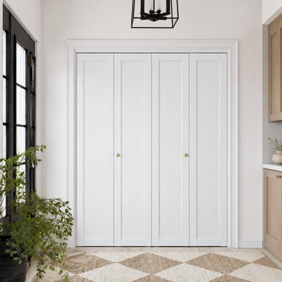  60" x 80" Double White Primed Panel Solid Core Manufactured Wood Bi-Fold Door With Installation Hardware Kit (pantry,closet door)