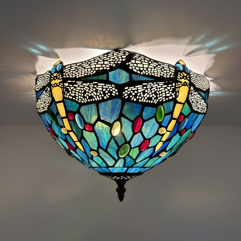 Tiffany Glass Flush Mount, Yellow/Blue