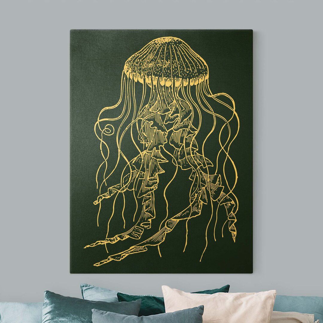 Leinwandbild Gold - Illustration Tanzende Qualle Auf Blau