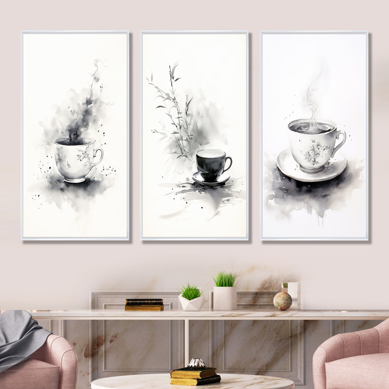 «Chinese Tea Elegance I», ensemble de 3 reproductions d'art sur toile, H 28 po x l 36 po, Cadre flottant blanc