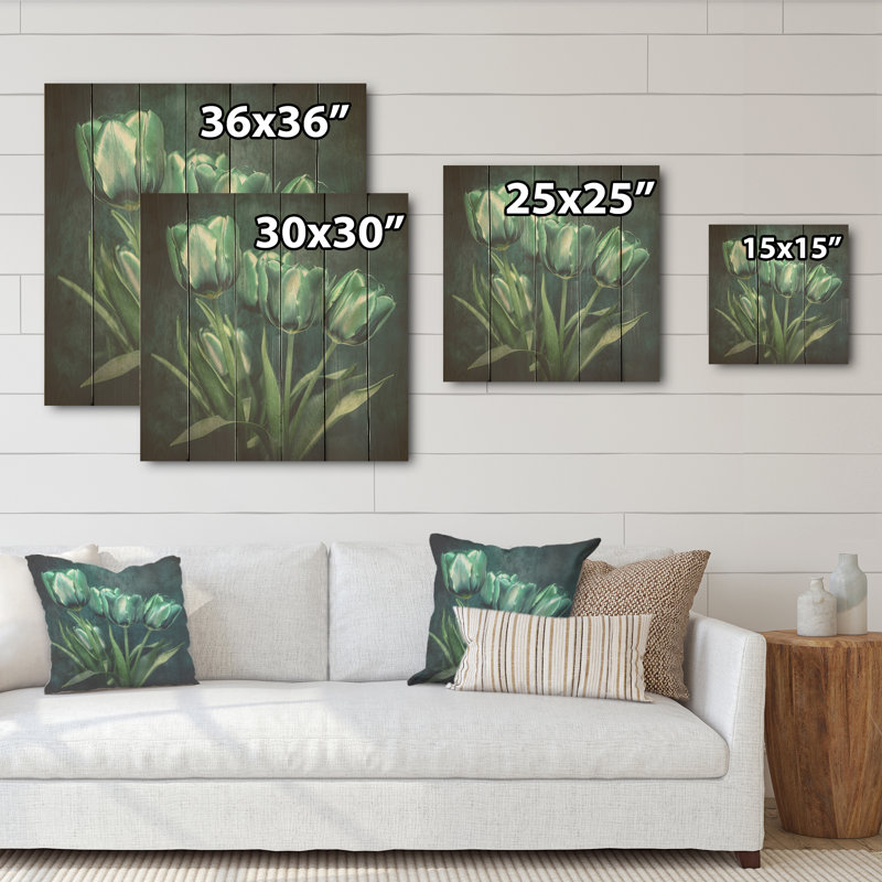 Vert éclatant - Tulipes, art mural sur bois de pin naturel, H 30 po x l 30 po