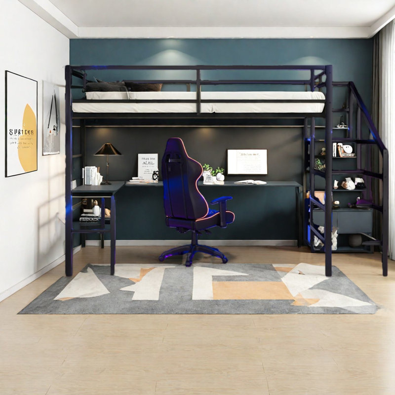 Lit mezzanine multifonctionnel en métal avec rangement et DEL, conception moderne peu encombrante