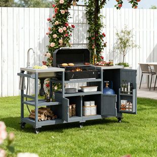 Îlot de cuisine 75 po avec évier en acier inoxydable, chariot de barbecue XL pour Big Green Egg et Kamado Joe, station de préparation pour barbecue en bois de sapin massif avec tablettes réglables et 6 roues