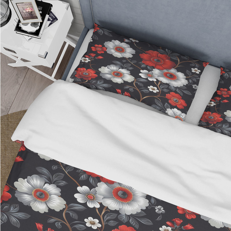 Red Red Retro Floral Garden - Ensemble de housse de couette floral rétro, Housse de couette pour grand lit + 2 taies décora