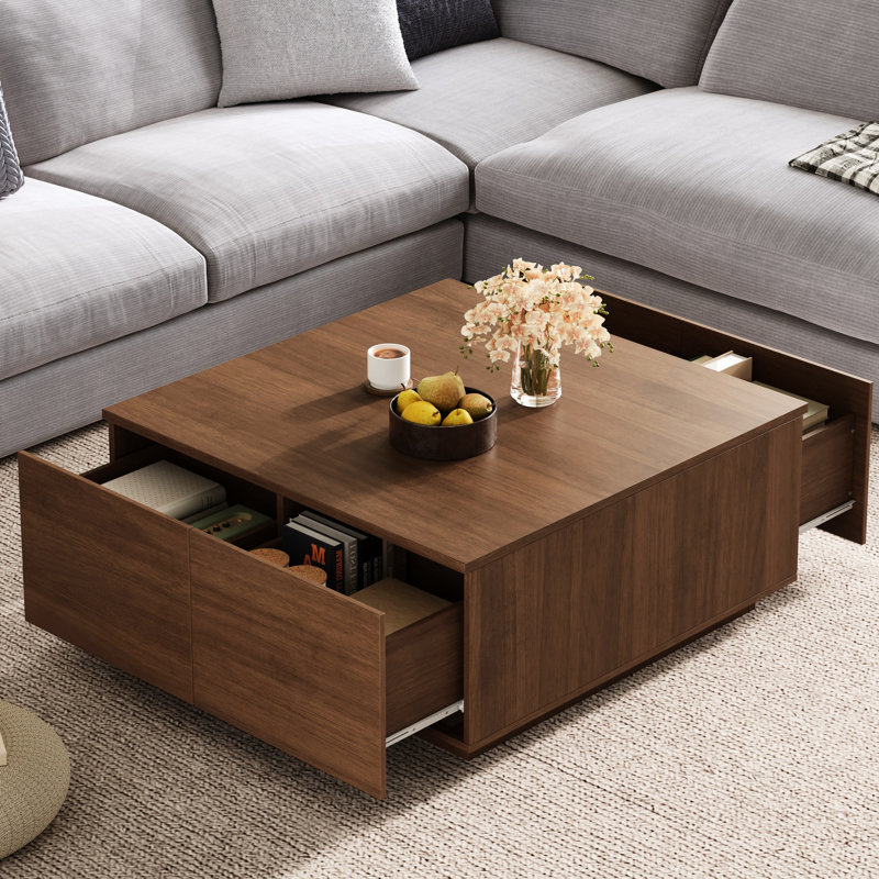 33,52 po, table basse carrée en noyer, 4 tiroirs, Walnut