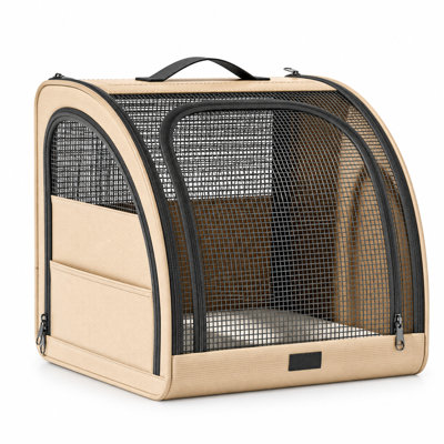 Foldable Pet Car Seat Carrier – 19.7" Soft-Sided Dog Car Crate with Breathable Mesh, Seatbelt & Headrest Straps, 3 Access Doors, Removable Washable Mat, for Cats & Small to Medium Dogs (Grey / Beige)