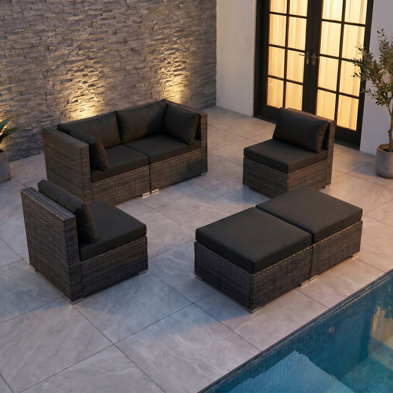 Ensemble de canapé modulaire d'extérieur en osier avec repose-pieds, ensemble de conversation à assise profonde avec coussins