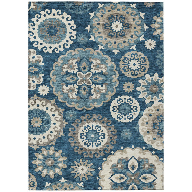 Tapis intérieur / extérieur lavable à médaillon floral bleu marine et taupe 10 pi x 14 pi