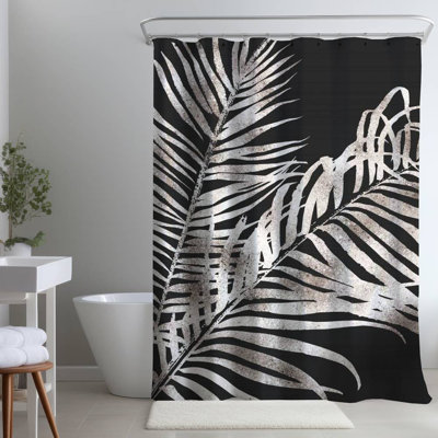 Gray Floral Botanical – Tropical Gold Leaves – Polyester Shower Curtain, Dye Sublimation Print, 71" W × 74" L