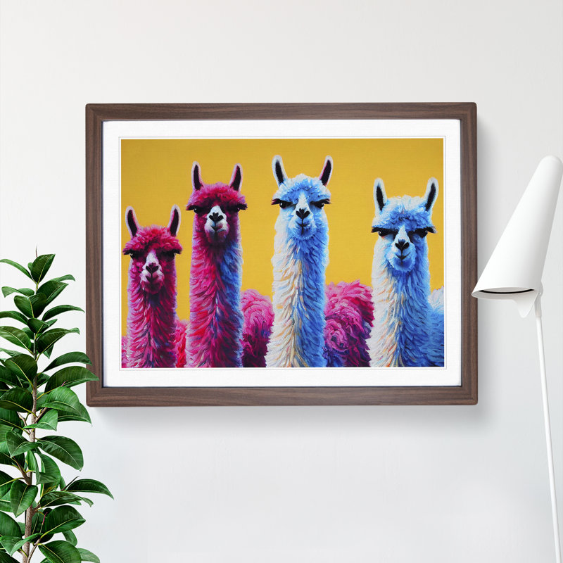 Enviable Llamas - Single Picture Frame Painting, 46cm H x 64cm W x 2cm D, Walnut