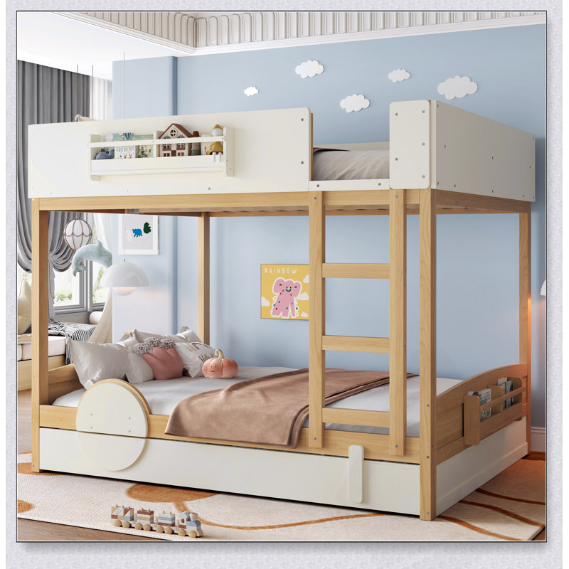 Lit superposé avec lit gigogne, structure en bois avec bibliothèque intégrée et garde-corps haute sécurité, conception automobile pour les enfants