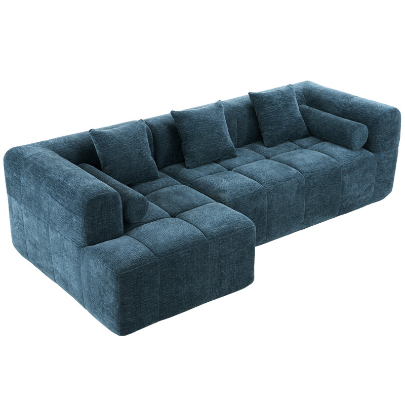 101.2" Living Room Couch, Blue. Modular For Personalized Space. Full Foam Support. Captivating Curved . 3 Square & 2 Bolster Pillows. Back, American Glamour Blue Sectional , 101.2". Deep Seating