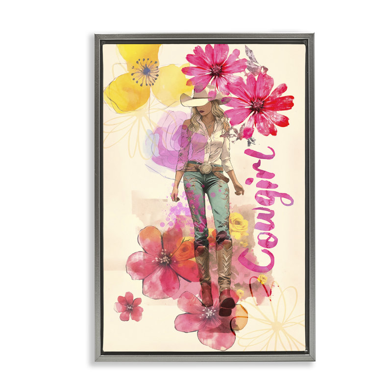 Toile flottante encadrée «Fancy Floral Cowgirl» par Andrea Haase, Cadre flottant gris lustré, H 25 po x l 17 po
