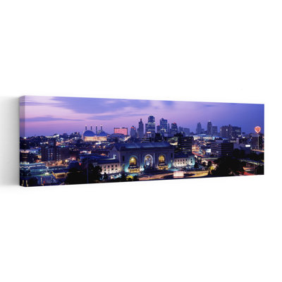 Union Station at sunset with city skyline in background Kansas City Missouri USA 1 Piece Wrapped Canvas Panoramic Wall Art