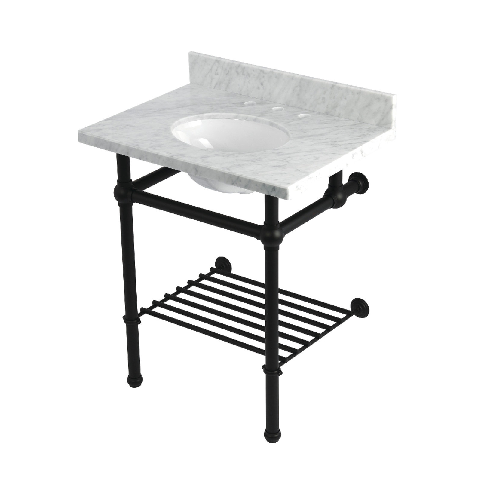 Kingston Brass Templeton 30-Inch Carrara Marble Console Sink with Brass Legs and Shelf (8-Inch, 3-Hole)