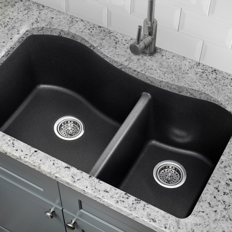 32.5'' L Double Bowl Quartz Kitchen Sink, Inox Gray