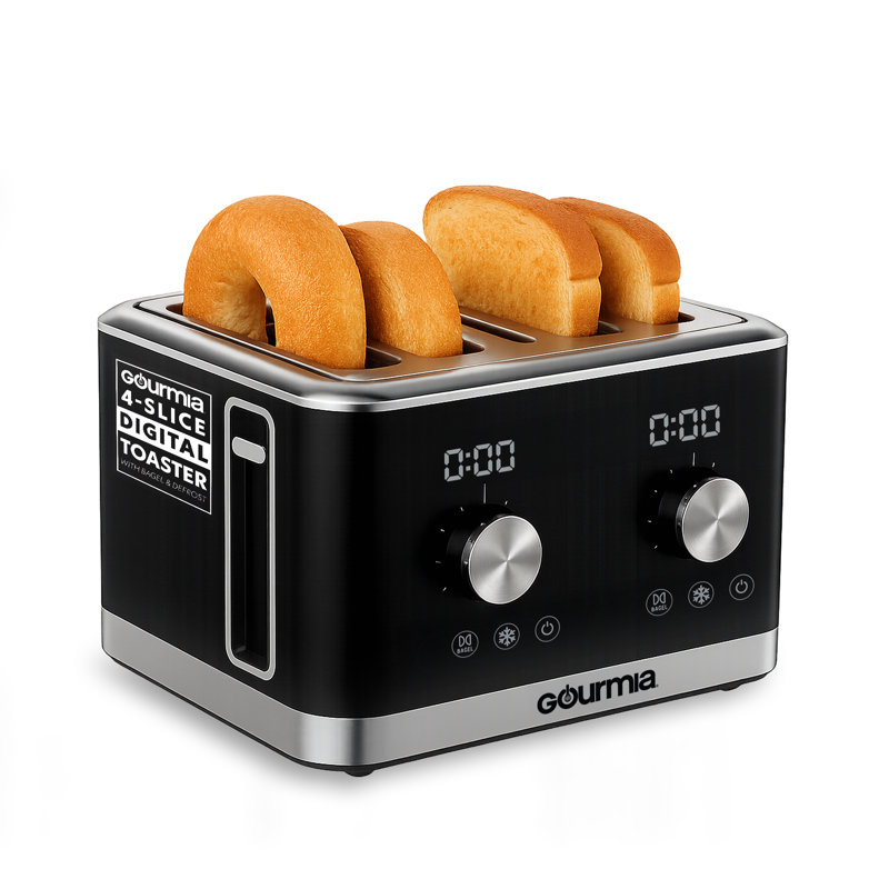Gourmia 4 Slice Toaster With Dual Independent Controls, 6 Browning Levels, Bagel & Defrost Modes, Extra‑Wide Slots, Slide‑Out Crumb Tray, Compact Design, Black