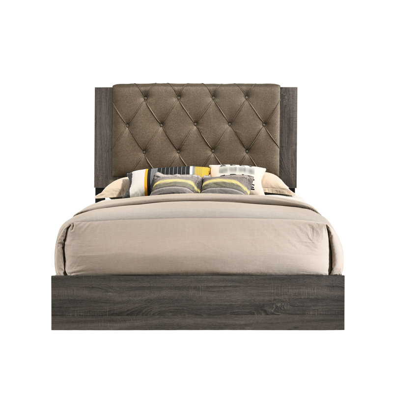 Lit tête de lit capitonné en tissu de style chêne gris rustique, structure en bois, pieds fuselés, 4 lattes, pièce indispensable pour sommier tapissier, capacité de charge de 660 lb, espace libre au sol de 4 po, profondeur de 79 po,