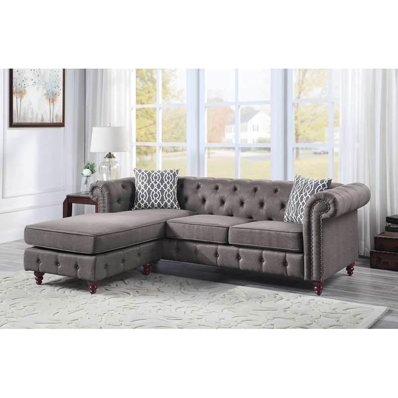 Canapé modulaire réversible 90 po avec 2 coussins Friedegunde, Tissu brun