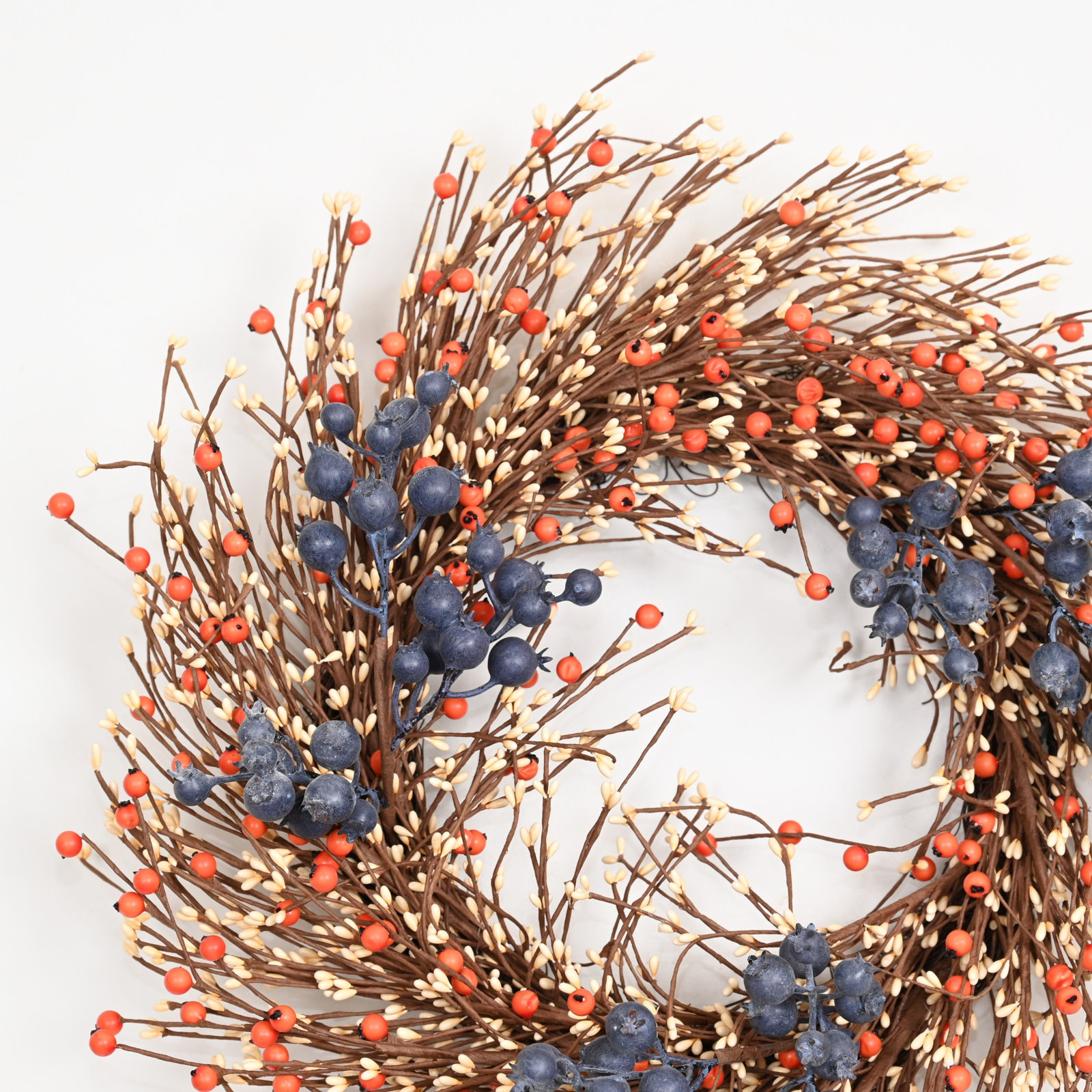 24" Artificial Rustic Twig Pip Berry Cluster Fall Front Door Wreath Harvest Thanksgiving Decor, Blue
