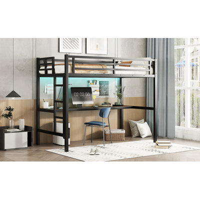Metal Loft Bed With Power Outlet And LED Lighted, Space-Saving, Noise Reduced