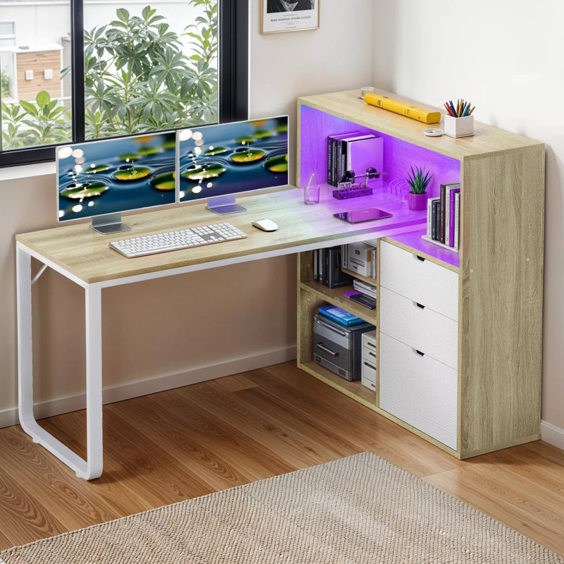 Broly 55'' L Shaped Desk With Power Outlets & LED Light, Brown