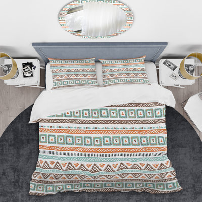 Rayures tribales bleues et brunes - ensemble de housse de couette abstrait - microfibre de polyester