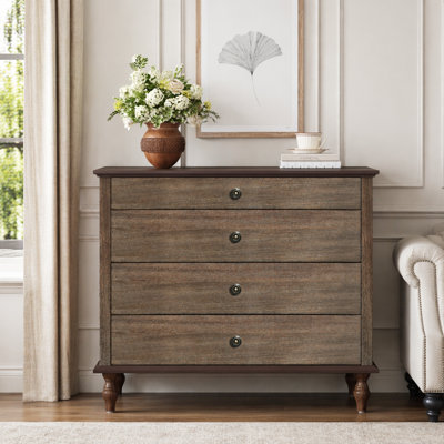 Large 4-Drawer Chest with Solid Wood Feet, Brushed Deep Brown Finish, and Metal Drawer Knobs, Antique Design for Bedroom & Nursery