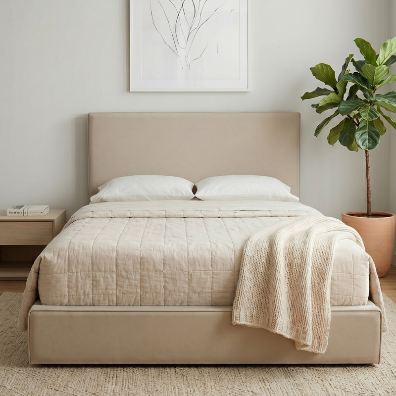 Abbie Upholstered Platform Bed, Queen, Mocha Microsuede