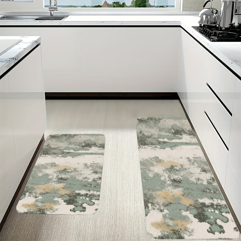 Tapis de cuisine antidérapant 2 pièces Earthy, Vert / motif abstrait brun