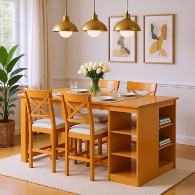 5-Piece Farmhouse Counter Height Dining Set with Storage Shelves and Cushioned Chairs