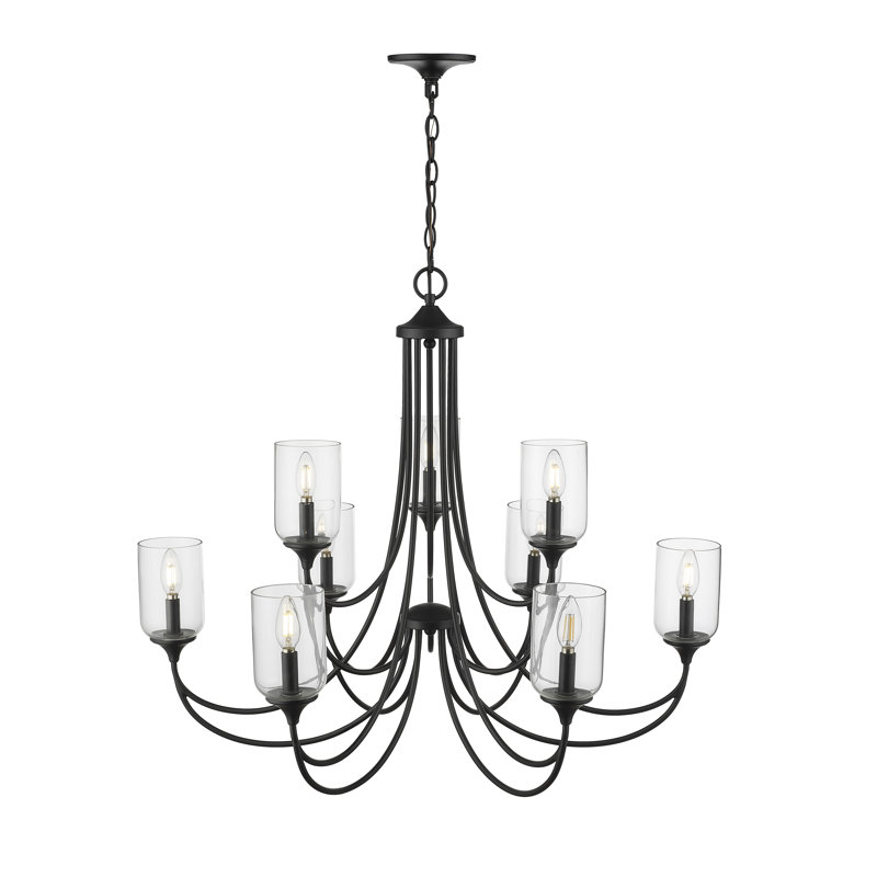 Lustre 9 lumières avec abat-jour en verre transparent Millennium Lighting Waddingham, Noir mat