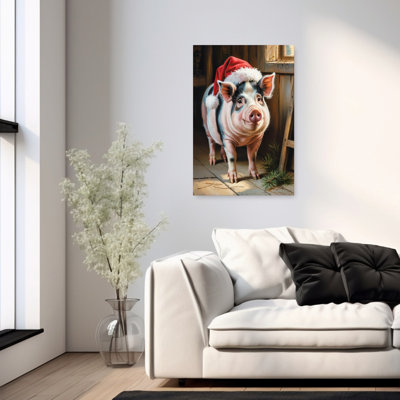 Cheerful Santa Pig Rustic Abstract Contemporary Pine Animal Winter Wall Art Print 1 Piece Wrapped Canvas Wall Art