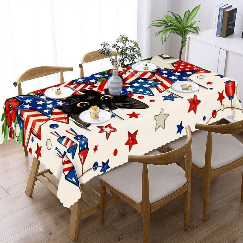 Tapis de table festonné 60 po x 120 po, motif de feu d'artifice de chat patriotique, décoration de fête de la fête de l'Independance