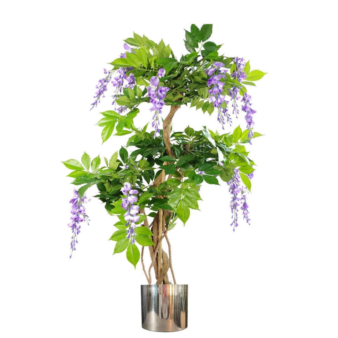 110cm Purple Blossom Artificial Tree - Green Foliage - Silver Metal Planter - Natural Wood Trunk - Leaf Design UK - Image 8