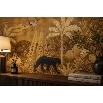 Papier peint mural Panthère noire jungle dorée | Papier peint botanique tropical vintage | Intissé