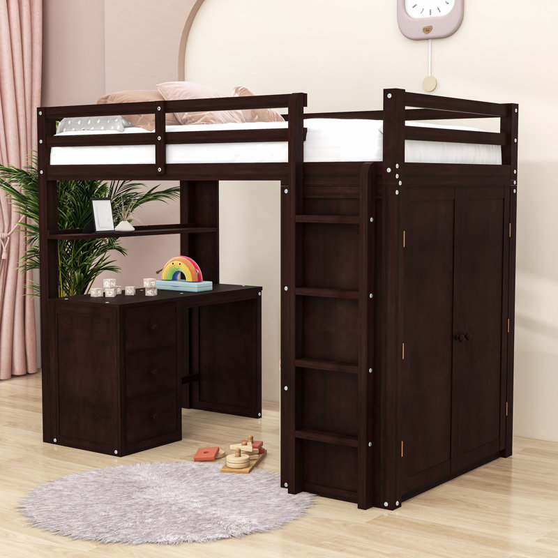 Heathyr Kids Loft Bed with Drawers, Espresso, Twin