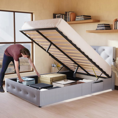 Option de rangement pour grand lit - Style chic, support de matelas confortable, revêtement gris, poches fonctionnelles, efficacité de l'espace