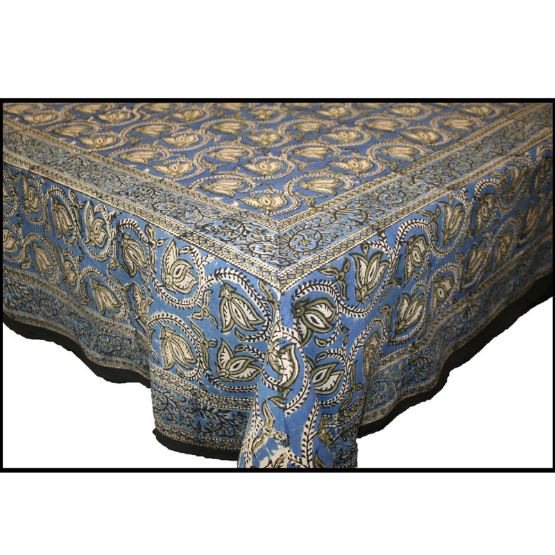 Oppenheimer Dabu Vine Block Printed Tablelcoth, 90" x 60", Blue