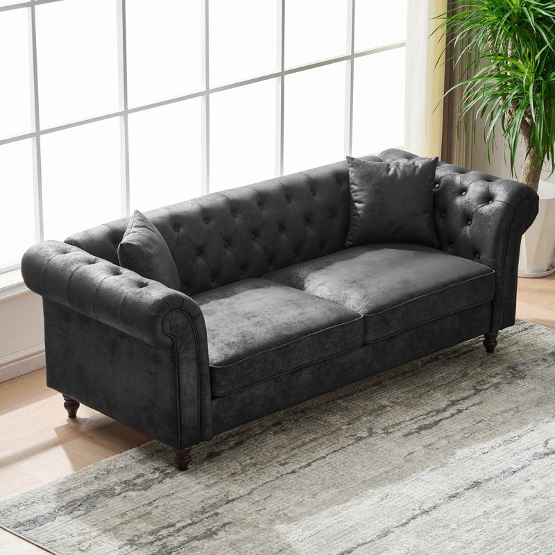 Canapé de 83 po en tissu Chesterfield Tech, accoudoirs roulés en tissu High-Tech, canapé rembourré de style Mid-Century moderne, 3 places pour salon, bureau, appartement, noir