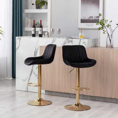 Tabouret de bar pivotant à hauteur réglable avec repose-pieds et base, velours et pieds dorés, noir, poids de 34,17 lb, 20,88 po de profondeur avec 2 tabourets de pieds noirs réglables, poids de 15,66