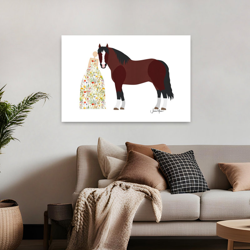 Femme et cheval, art mural minimaliste, fleur, nature