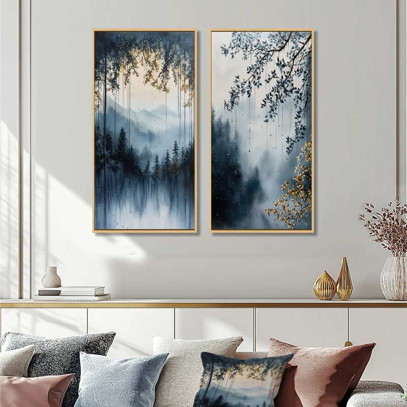 Bleu et or, forêt, pluie, après-midi I - ensemble d'art mural forêt 2 pièces, H 32 po x l 32 po, Érable, Impression encadrée