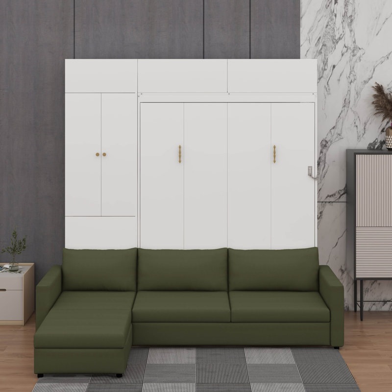 Grand lit escamotable mural avec canapé et tablettes, Blanc/vert