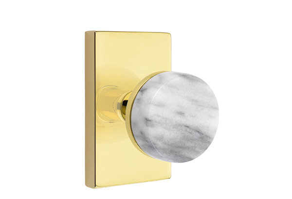 Select Round Knob with Rectangle Rosette, Unlacquered Brass